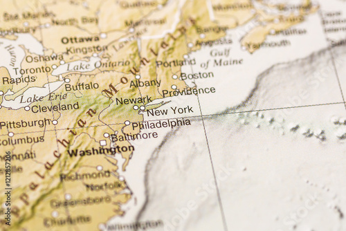 World map. New York USA on geographical map, world tourism, destination. Political map close-up. Photo.
