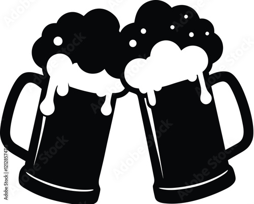Beer mug silhouette, Two clinking frothy beer mugs icon vector illustration  
