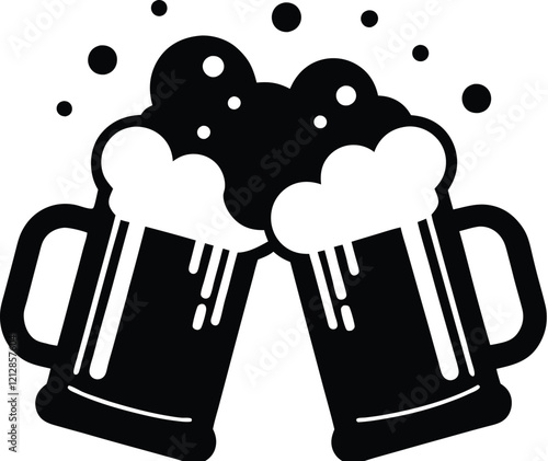 Beer mug silhouette, Two clinking frothy beer mugs icon vector illustration  
