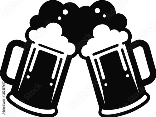 Beer mug silhouette, Two clinking frothy beer mugs icon vector illustration  
