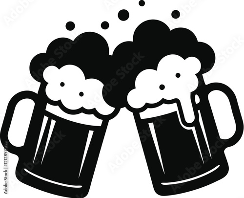Beer mug silhouette, Two clinking frothy beer mugs icon vector illustration  

