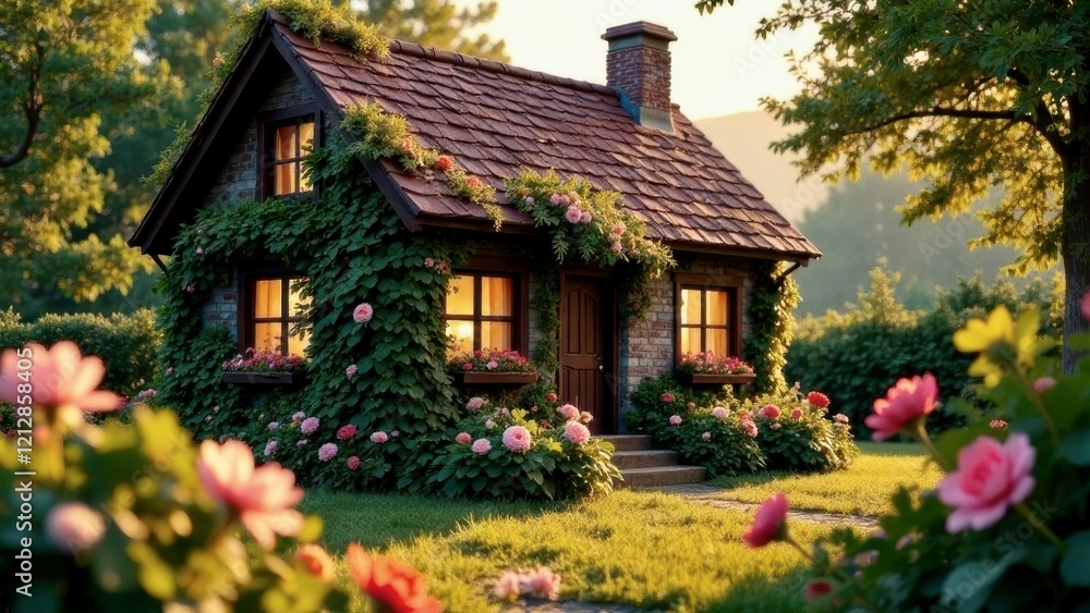 A small house covered with flowers, with warm light coming from the windows, creating a cozy atmosphere A small house covered with flowers, with warm light coming from the windows, creating a cozy atmosphere