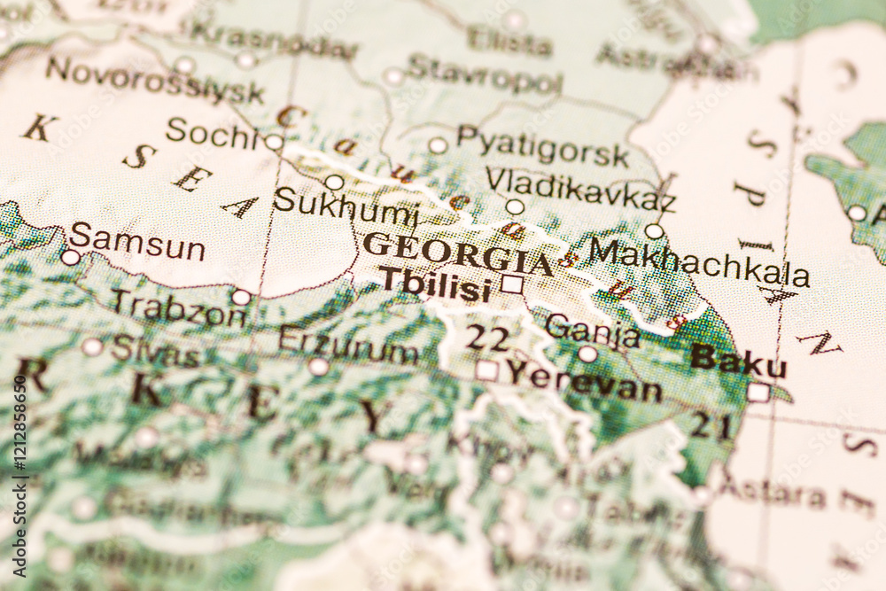 World map. Georgia, Tbilisi on the geographical map, world tourism, destination. Political map close-up. Photo. World map. Georgia, Tbilisi on the geographical map, world tourism, destination. Political map close-up. Photo.