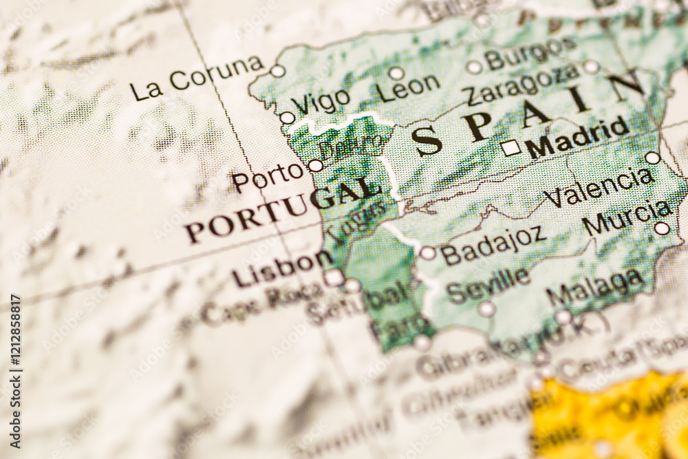 World map. Portugal on the geographical map, world tourism, destination. Political map close-up photo. World map. Portugal on the geographical map, world tourism, destination. Political map close-up photo.