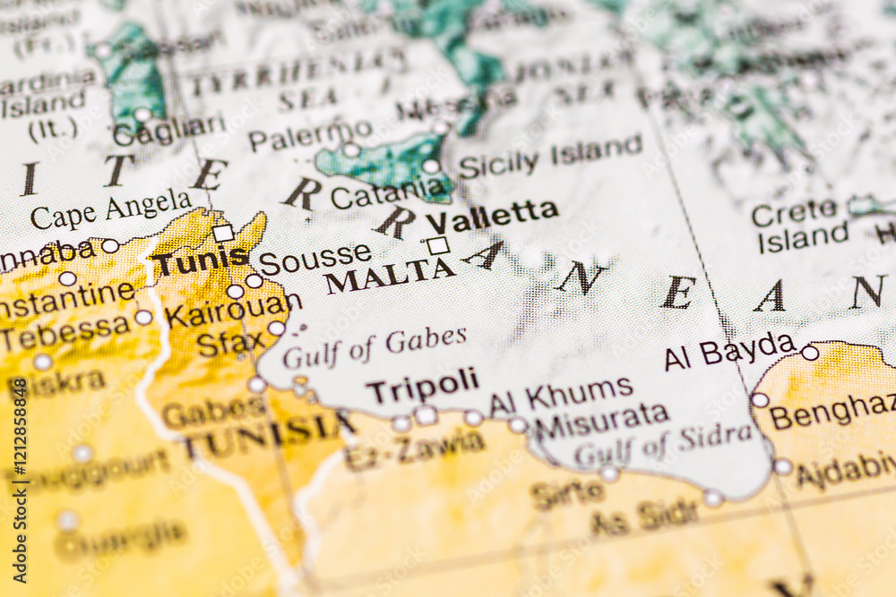 World map.Malta on the geographical map, world tourism, destination. Political map close-up photo. World map.Malta on the geographical map, world tourism, destination. Political map close-up photo.