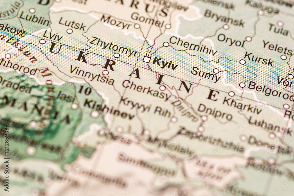 World map. Ukraine, Kyiv on the geographical map, world tourism, destination. Political map close-up photo. World map. Ukraine, Kyiv on the geographical map, world tourism, destination. Political map close-up photo.