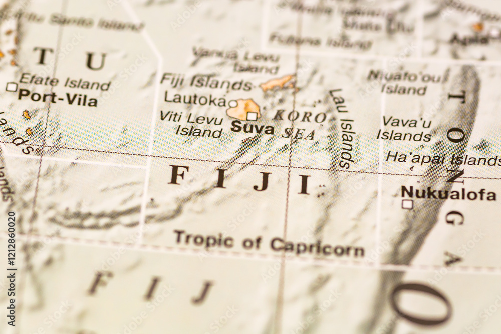 World map.Fiji on the geographical map, world tourism, destination. Political map close-up photo. World map.Fiji on the geographical map, world tourism, destination. Political map close-up photo.