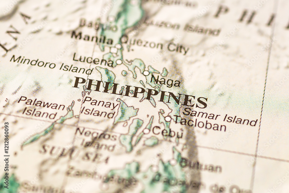 World map.Philippines on geographical map, world tourism, destination. Political map close-up photo. World map.Philippines on geographical map, world tourism, destination. Political map close-up photo.