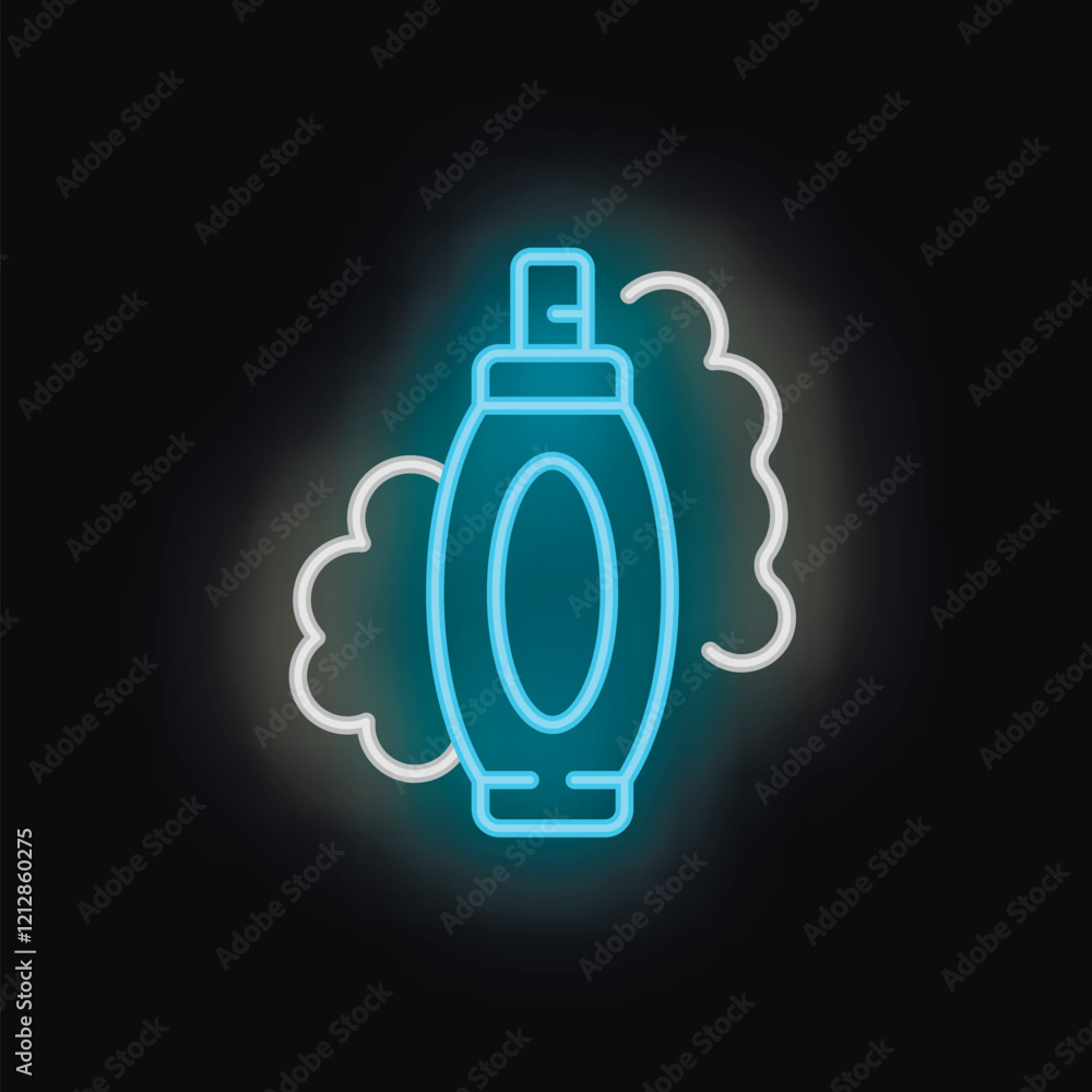 Obraz premium Blue neon sign of a spray bottle releasing a cloud of fragrance, evoking freshness and cleanliness