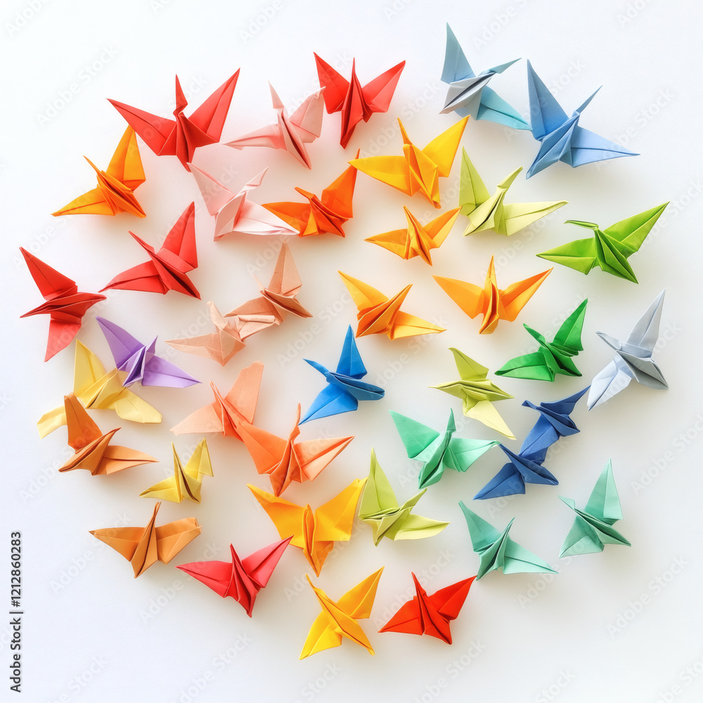 Top-Down View of Tiny Origami Frogs and Birds Scattered on White Background Top-Down View of Tiny Origami Frogs and Birds Scattered on White Background