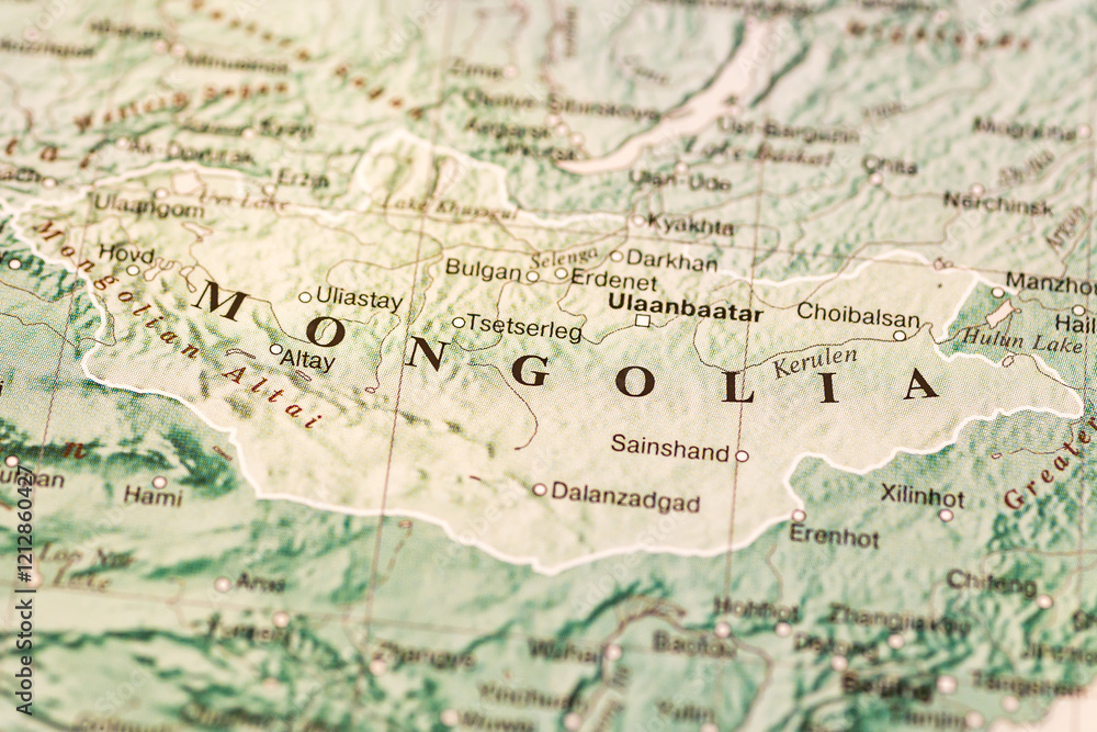 World map.Mongolia on the geographical map, world tourism, destination. Political map close-up photo. World map.Mongolia on the geographical map, world tourism, destination. Political map close-up photo.