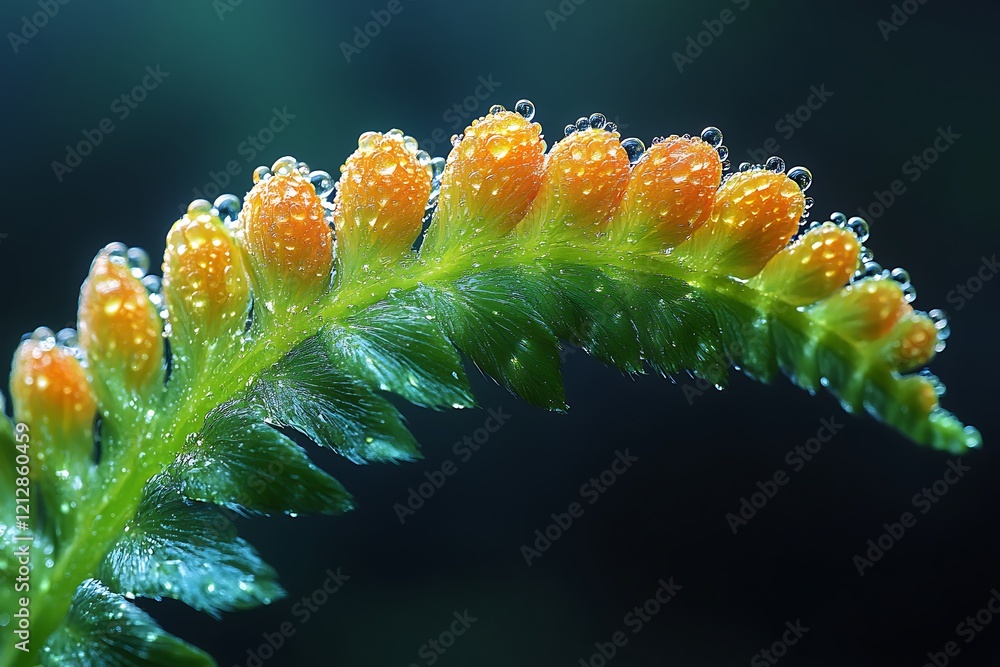 Naklejka premium Vibrant green fern with orange tips covered in water drops on a dark background
