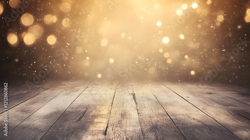 Sparkling Golden Bokeh Lights Over Wooden Floor Background
