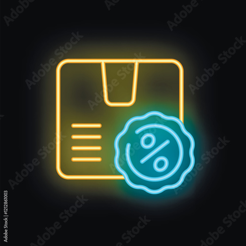 Glowing neon icon representing a discount on delivery service with a cardboard box and a percentage symbol