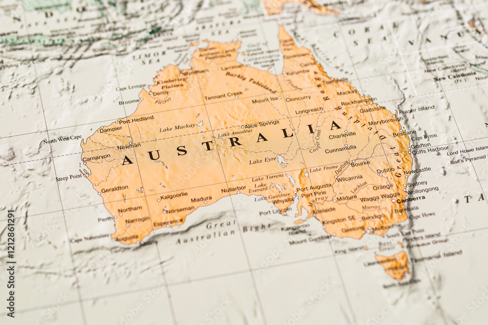 World map. Australia on the geographical map, world tourism, destination. Political map close-up photo. World map. Australia on the geographical map, world tourism, destination. Political map close-up photo.