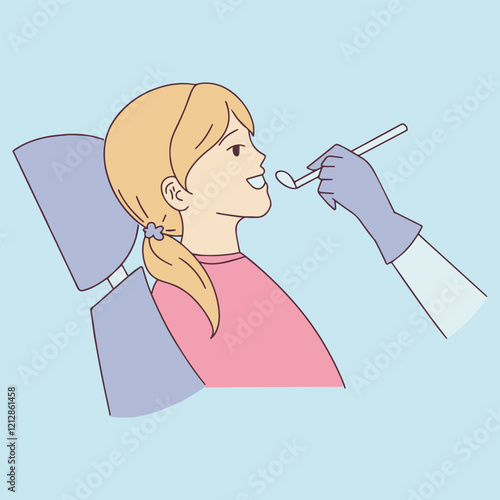 A child bravely sitting at the dentist's office, undergoing a check-up. This illustration promotes dental health and the importance of regular check-ups for kids