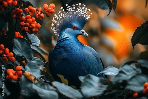 A vibrant blue Victoria Crowned Pigeon perched amidst lush foliage photo