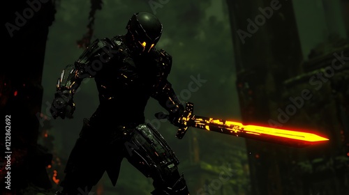 A dark warrior in radiant black iron wielding a glowing sword surrounded by oppressive shadows