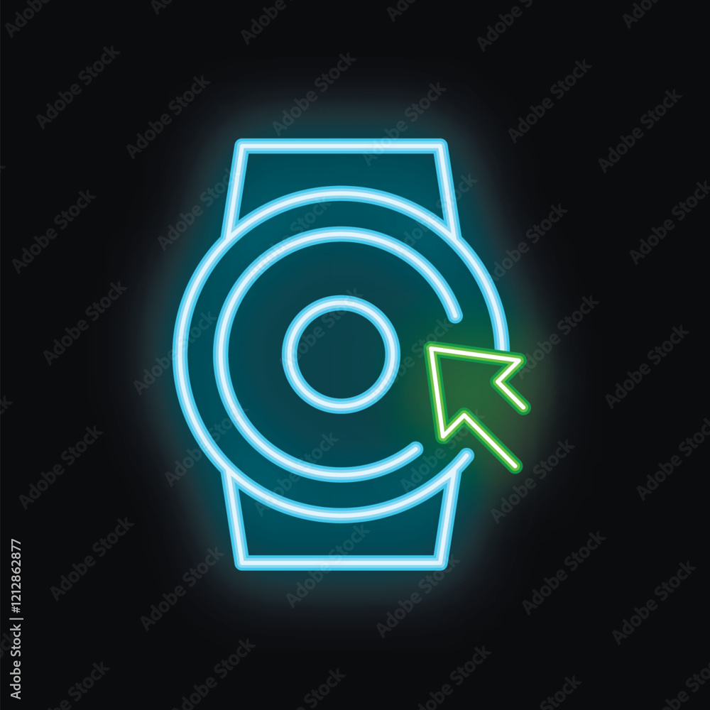 Neon smartwatch displaying cursor icon representing wearable technology and user interaction Neon smartwatch displaying cursor icon representing wearable technology and user interaction