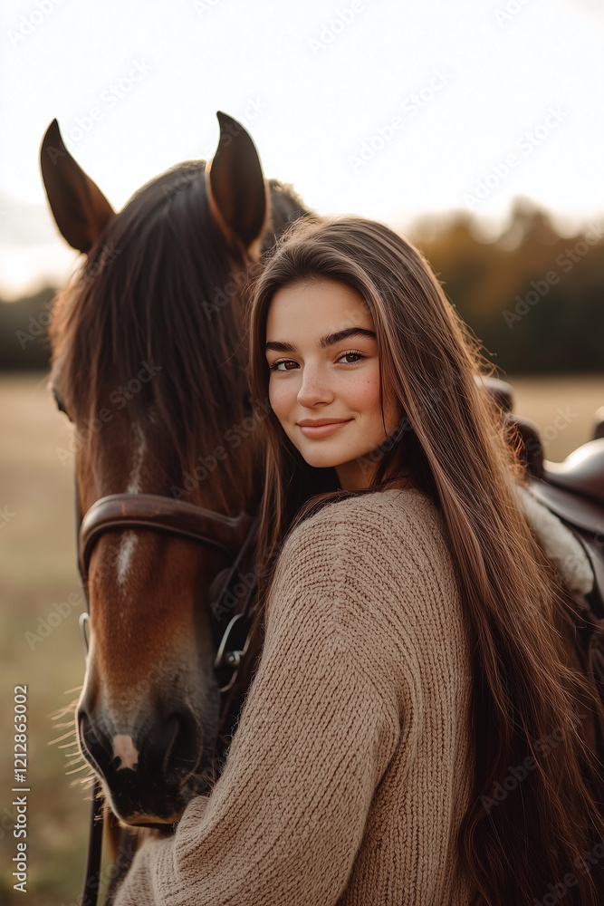 Obraz premium Beautiful Woman with Her Horse, Elegant Fashion Photoshoot