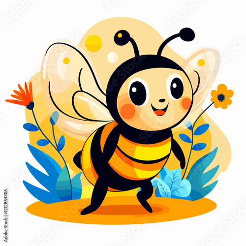 Vector illustration of a cartoon bee with a big smiling face, large round eyes, and pink cheeks surrounded by colorful flowers and leaves symbolizing environmental protection