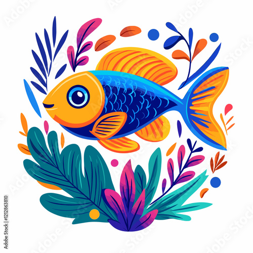 Vector illustration of a cartoon colorful fish with large round eyes surrounded by stylized leaves and branches in vibrant colors symbolizing environmental protection