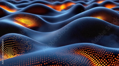Glowing particle wavescape, digital landscape, abstract background, technology concept