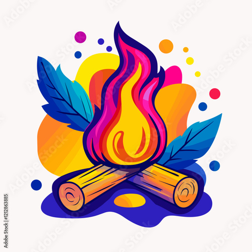 Bright and colorful cartoon illustration of a campfire with stylized blue leaves and multicolored spots in the background, symbolizing warmth and outdoor life