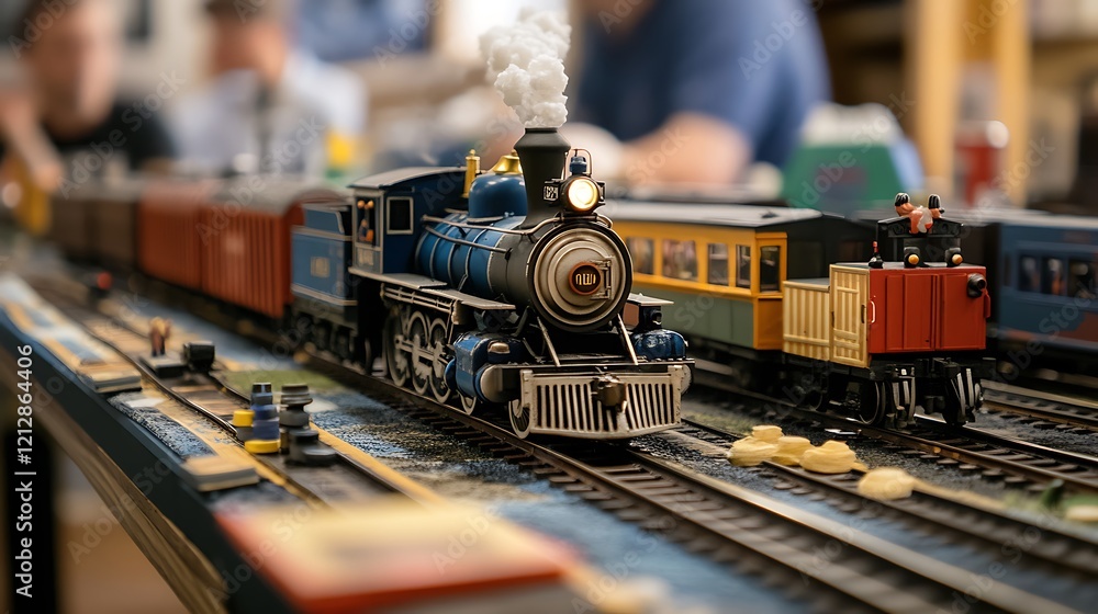 A detailed setup of a train-themed board game, with miniature locomotives and track pieces A detailed setup of a train-themed board game, with miniature locomotives and track pieces