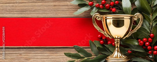 Gold trophy, red ribbon, holly wood