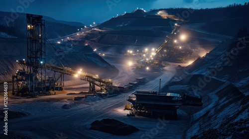 Nighttime mining operation with illuminated machinery and snowy terrain mountains