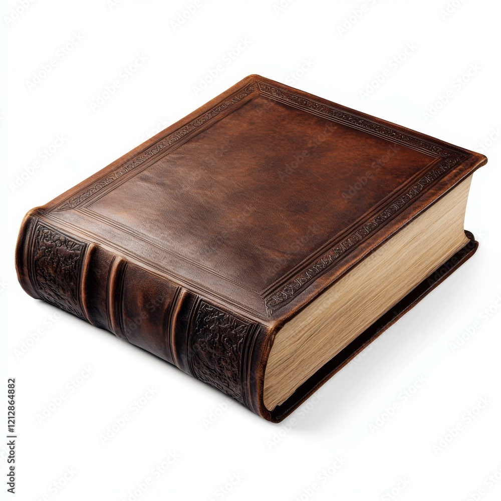 Brown Leather Book with Intricate Embossed Design and Thick Pages on White Surface Brown Leather Book with Intricate Embossed Design and Thick Pages on White Surface