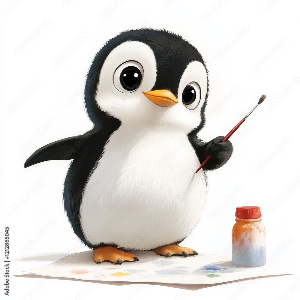 Obraz premium Cartoon Penguin Holding Paintbrush Palette