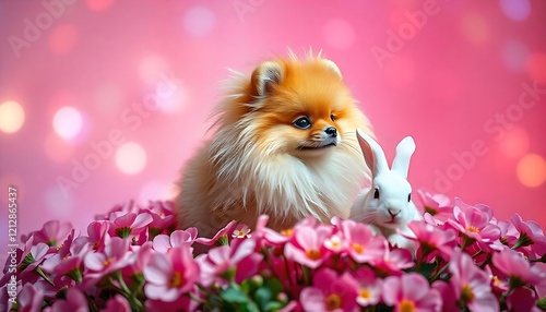pomeranian puppy with flowers