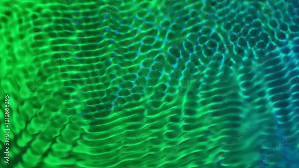Green swirling, undulating water surface in motion, created by sound vibrations. Selected focus. Slow motion video.