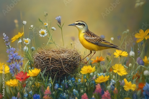 Yellow Bird Near Nest Amidst Vibrant Wildflowers photo