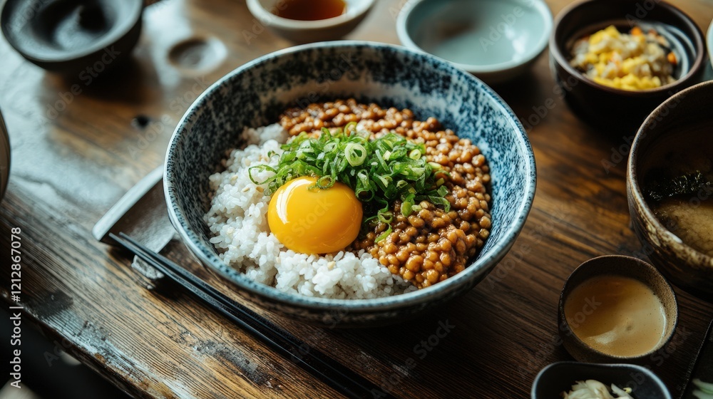 A serving of natto with green onions and mustard, styled on a traditional Japanese breakfast table A serving of natto with green onions and mustard, styled on a traditional Japanese breakfast table