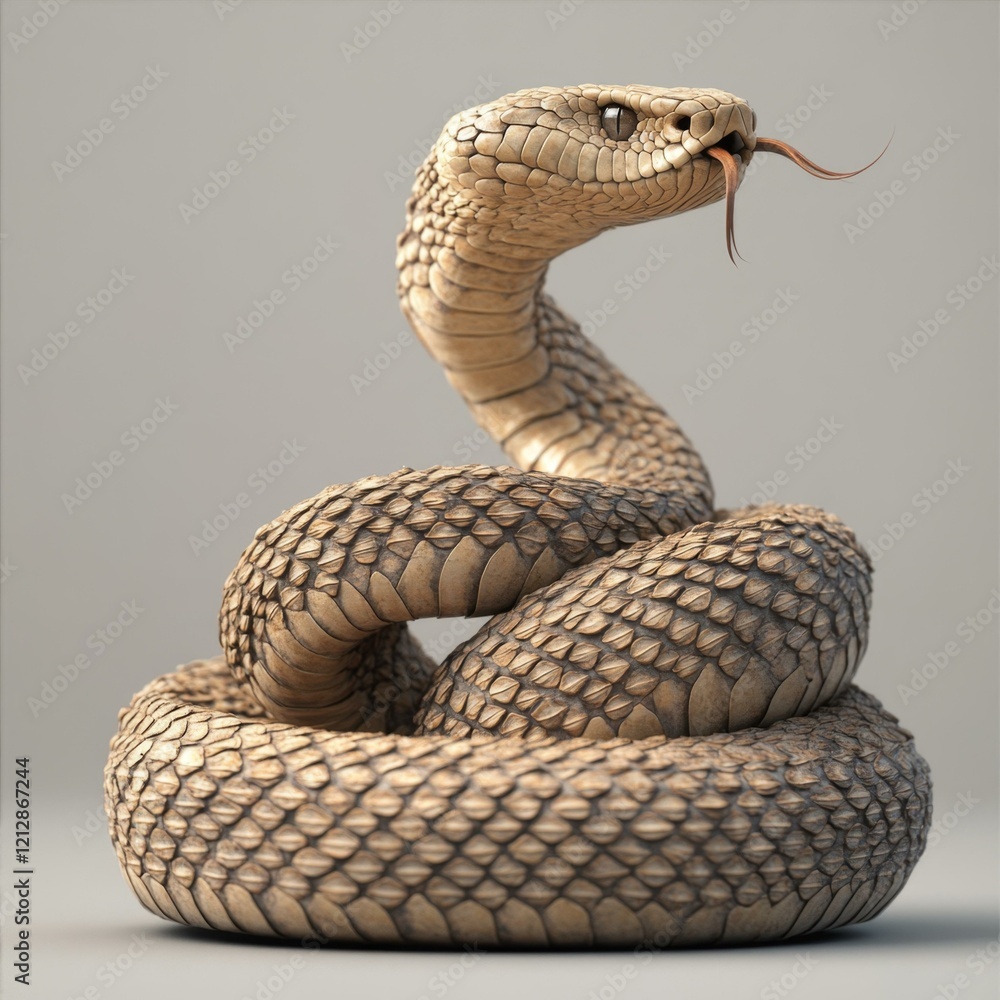 Fototapeta premium Coiled Serpent with Flicking Tongue On Solid Grey Backdrop Reptile Animal Image
