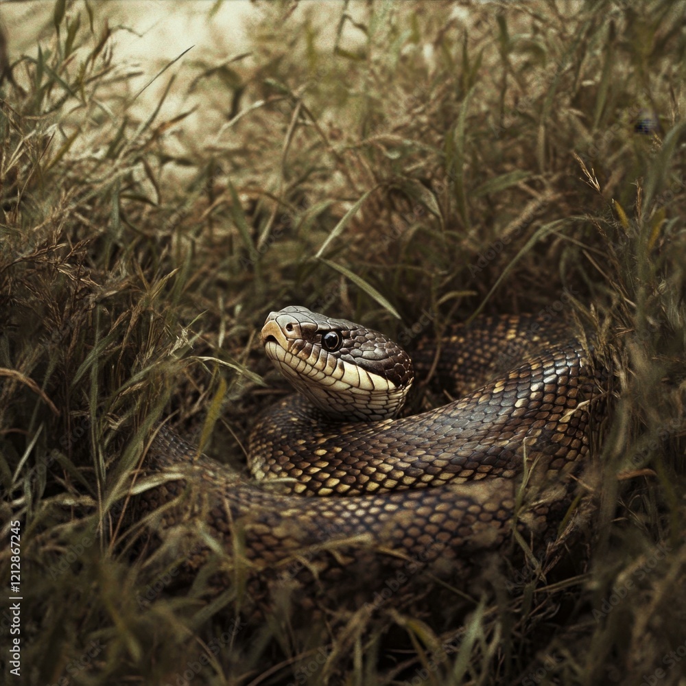 Coiled Snake Resting Amidst Tall Grasses With Textured Scales And Patterned Body In Nature Coiled Snake Resting Amidst Tall Grasses With Textured Scales And Patterned Body In Nature
