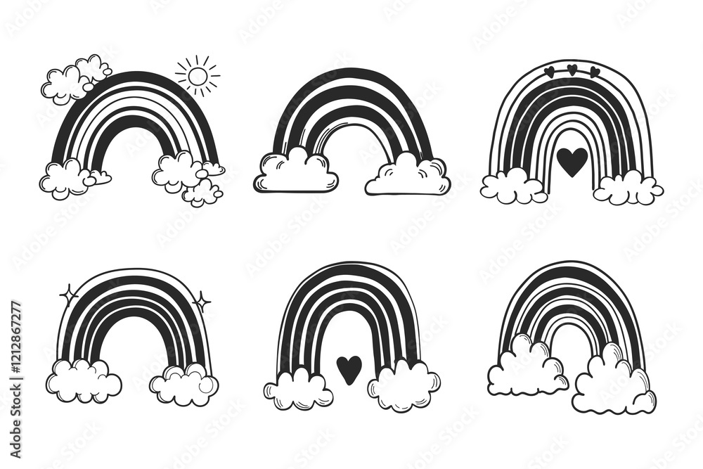 Set of cute doodle rainbows with clouds and hearts. Icons, hand drawn illustration. Set of cute doodle rainbows with clouds and hearts. Icons, hand drawn illustration.