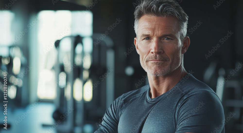 A middle-aged man with salt-and-pepper hair, dressed in workout gear, standing confidently in a gym setting, with fitness equipment visible in the background A middle-aged man with salt-and-pepper hair, dressed in workout gear, standing confidently in a gym setting, with fitness equipment visible in the background