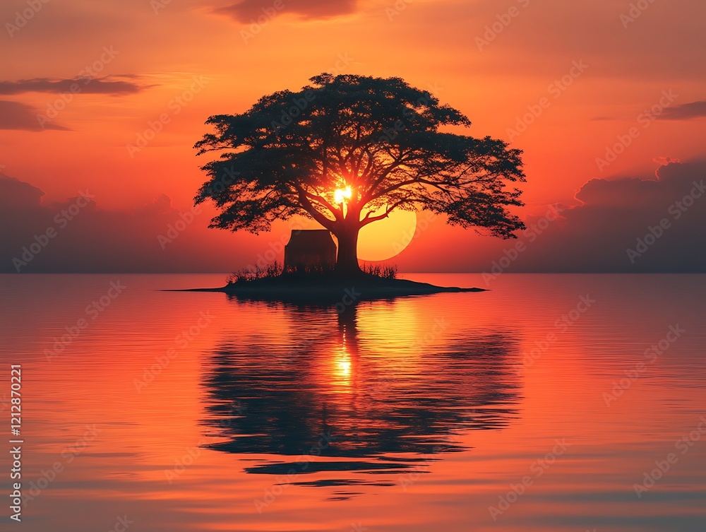 Sunset tree island serenity calm water reflection Sunset tree island serenity calm water reflection
