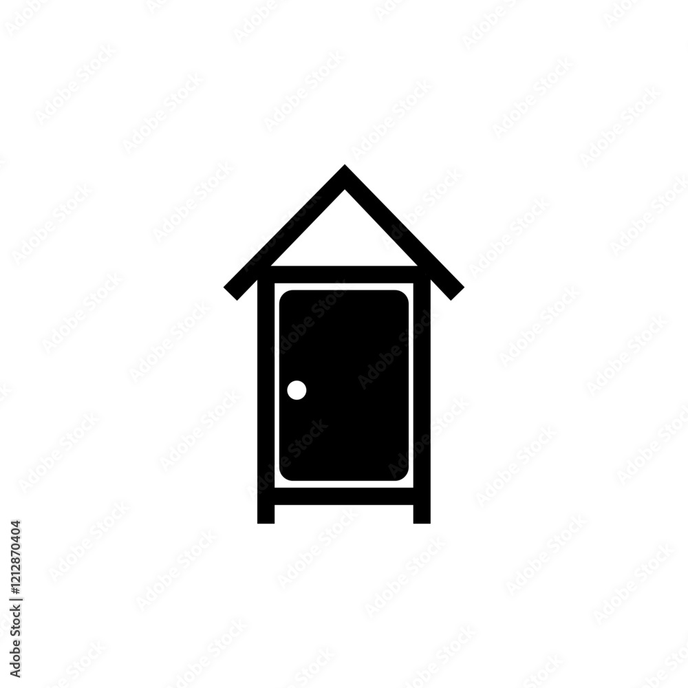 Black and white icon of a beach changing cabin with pointed roof and door handle. Black and white icon of a beach changing cabin with pointed roof and door handle.