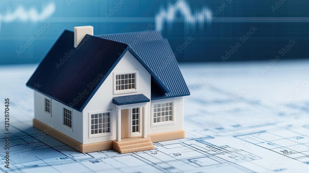 Miniature house model on a blueprint background, symbolizing real estate investment and construction planning. Miniature house model on a blueprint background, symbolizing real estate investment and construction planning.