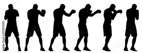 Vector concept or conceptual black silhouette of a male boxer training from different perspectives isolated on white background. A metaphor for sport, power, competition, perseverance and lifestyle