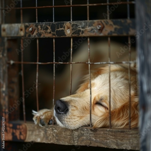 Golden Retriever Resting Inside a Metal Cage with Its Head Down on a Wooden Support