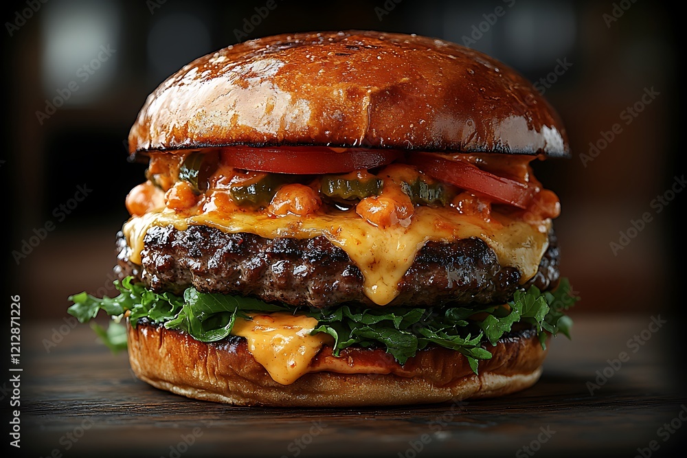 Delicious Gourmet Burger With Cheese And Toppings Delicious Gourmet Burger With Cheese And Toppings