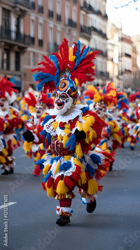 Colorful masked carnival dancer runs through city streets, festive parade in background; ideal for travel, culture, or event promotion photo