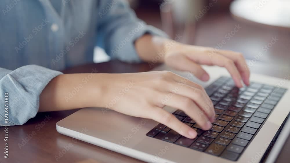 A person is typing on a laptop computer. The person is wearing a blue shirt. The laptop is on a wooden table A person is typing on a laptop computer. The person is wearing a blue shirt. The laptop is on a wooden table