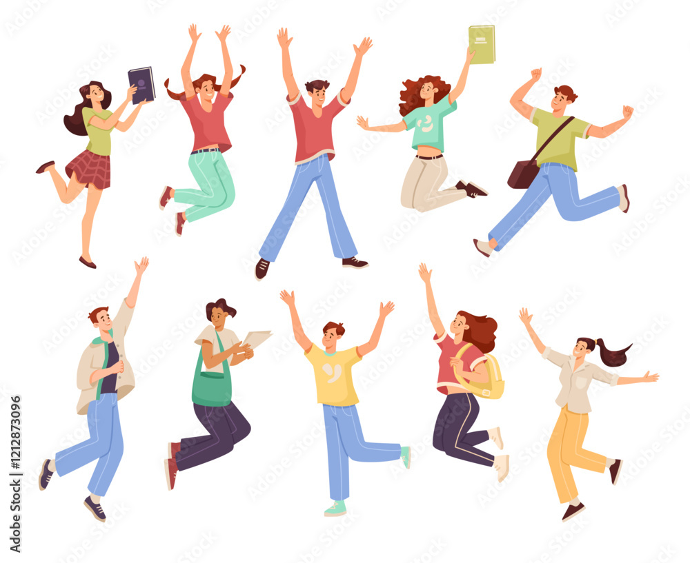 Rejoiced Man and Woman Student Character Jump with Joy Vector Illustration Set Rejoiced Man and Woman Student Character Jump with Joy Vector Illustration Set